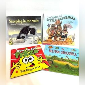 4 Children’s Fiction Books Elementary Level Pizza, Javelinas Sheepdog Crocodile